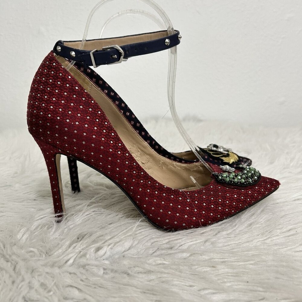 Sam Edelman Two-Tone Embellished Ankle-Strap Pointed Heels in Red and Navy - Picture 4 of 11